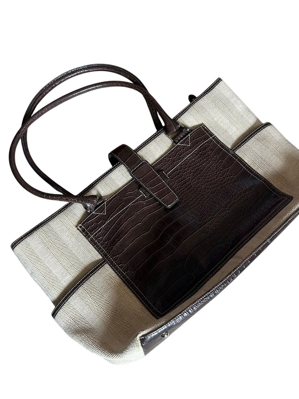 Brown & Tan Canvas Leather Style Tote Bag Croft&Barrow Laptop Travel Bag Purse!
